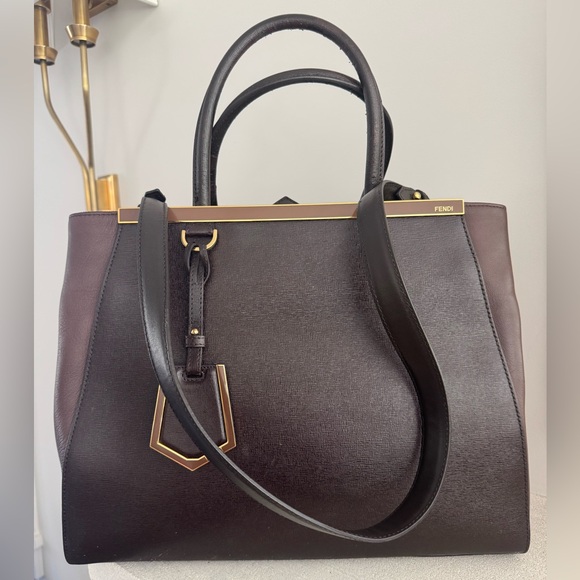FENDI 2Jours Medium Brown Saffiano 2-Way Tote + COA